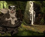  2013 ambiguous_gender black_bars black_nose blue_eyes canine day detailed_background digital_media_(artwork) dog feral forest hybrid lying mammal maplespyder open_mouth outside paws smile solo teeth tongue tree waterfall 