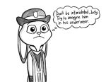  armor black_and_white bracers clothing comic disney ears_down english_text female frown hat headwear humantrashmachine judy_hopps lagomorph law_enforcement mammal meter_maid monochrome nickelodeon officer police police_officer police_uniform rabbit simple_background solo spongebob_reference spongebob_squarepants text thought_bubble uniform vest zootopia 