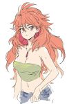  amou_kanade blue_shorts breasts cleavage closed_mouth collarbone commentary_request denim green_tubetop hanakuso jeans large_breasts long_hair looking_at_viewer navel pants red_eyes red_hair senki_zesshou_symphogear shorts simple_background solo strapless symphogear_pendant tubetop white_background 