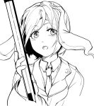  :o animal_ears bunny_ears commentary_request crescent crescent_moon_pin greyscale hiyuu_(flying_bear) holding holding_weapon jacket looking_away monochrome necktie open_mouth reisen shirt short_hair simple_background solo touhou upper_body weapon white_background 