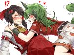  /\/\/\ 2girls animal_ears ascot bare_arms bare_shoulders belt black_hair blush bow cloud_print commentary_request constricted_pupils detached_sleeves eye_contact facepaint fangs fingernails green_eyes green_hair hair_bow hair_tubes hakurei_reimu heart horn imminent_kiss japanese_clothes kariyushi_shirt kneeling komano_aun leaning_back leaning_forward long_hair looking_at_another medium_hair multiple_girls nail_polish nontraditional_miko nose_blush open_mouth pale_skin red_bow red_shirt ryuuichi_(f_dragon) shirt short_sleeves shorts side_ponytail simple_background sitting smile sweat sweating_profusely touhou turtleneck wavy_mouth white_background white_shorts yellow_neckwear yuri 