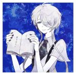  androgynous blue_background book gem_uniform_(houseki_no_kuni) ghost_quartz_(houseki_no_kuni) grey_eyes grey_hair hair_over_one_eye houseki_no_kuni looking_at_viewer necktie short_hair_with_long_locks shourou_kanna silver_eyes silver_hair smile solo suspenders upper_body 