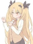  bangs black_ribbon black_skirt blade_(galaxist) blonde_hair blush brown_vest commentary crown_hair_ornament earrings ereshkigal_(fate/grand_order) eyebrows_visible_through_hair fate/grand_order fate_(series) hair_between_eyes hair_ornament hair_ribbon hands_up jewelry long_hair long_sleeves orange_eyes parted_bangs parted_lips ribbon shirt simple_background skirt sleeves_past_wrists solo symbol_commentary two_side_up very_long_hair vest white_background white_shirt 