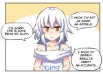  bing blush comic commentary english english_commentary highres hinghoi open_mouth orange_eyes short_hair solo white_hair 