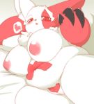  &lt;3 anthro belly big_breasts big_ears blush breasts chest_tuft claws fdokkaku female fur huge_breasts inverted_nipples looking_at_viewer lying mammal multicolored_fur nintendo nipples nude on_back overweight overweight_female pok&eacute;mon pok&eacute;mon_(species) pussy red_eyes red_fur slit_pupils solo thick_thighs tuft two_tone_fur video_games voluptuous white_fur zangoose 