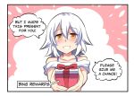  1girl bing blush comic english gift hinghoi open_mouth orange_eyes pov short_hair white_hair 