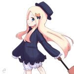  abigail_williams_(fate/grand_order) bangs black_bow black_dress black_hat blonde_hair bloomers blue_eyes blush bow bug butterfly closed_mouth commentary_request cowboy_shot dress fate/grand_order fate_(series) hair_bow hat holding insect kujou_karasuma long_hair long_sleeves orange_bow parted_bangs profile rolling_suitcase signature simple_background sleeves_past_fingers sleeves_past_wrists smile solo underwear very_long_hair white_background white_bloomers 