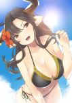  bikini black_hair breasts brown_eyes cleavage collarbone commentary_request draph flower granblue_fantasy hair_flower hair_ornament highres horns large_breasts long_hair nukkoru open_mouth pointy_ears swimsuit 
