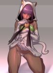  alternate_color alternate_costume animal_hood bangs bare_legs bare_shoulders bell bell_collar blue_eyes blunt_bangs breasts cat_hood cat_tail collar dark_skin dress dress_lift elbow_gloves gloves highres hood medium_breasts menat panties purple_hair street_fighter street_fighter_v tail thighs tomoyuki_kotani underwear white_panties 