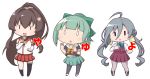  3girls ahoge black_legwear black_shirt boots bow brown_hair cherry_blossoms chibi commentary_request cross-laced_footwear flower full_body green_hair green_skirt grey_hair grey_legwear hair_between_eyes hair_bow hair_bun hair_flower hair_ornament halterneck headgear kantai_collection kiyoshimo_(kantai_collection) lace-up_boots long_hair looking_at_viewer low_twintails masaki_itsuki multiple_girls pantyhose pleated_skirt ponytail red_skirt sailor_collar school_uniform serafuku shirt short_sleeves sign_language simple_background single_thighhigh skirt standing tank_top thighhighs translated twintails very_long_hair white_background white_sailor_collar white_shirt yamato_(kantai_collection) yuubari_(kantai_collection) |_| 