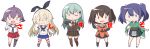  anchor_hair_ornament anchor_symbol apron aqua_hair ascot asymmetrical_legwear black_gloves black_hair black_neckwear black_panties black_sailor_collar black_skirt blonde_hair blue_eyes blue_hair blue_sailor_collar blue_skirt brown_eyes brown_jacket brown_legwear brown_skirt check_translation chibi commentary_request crop_top elbow_gloves fingerless_gloves full_body gloves green_hakama green_kimono grey_eyes grin hair_ornament hairband hairclip hakama hakama_skirt highleg highleg_panties highres jacket japanese_clothes kantai_collection kimono long_hair looking_at_viewer masaki_itsuki microskirt miniskirt multiple_girls necktie open_mouth orange_serafuku panties pleated_skirt purple_eyes purple_hair red_skirt sailor_collar sakawa_(kantai_collection) school_uniform sendai_(kantai_collection) serafuku shimakaze_(kantai_collection) short_hair sign_language simple_background single_thighhigh skirt sleeveless smile souryuu_(kantai_collection) standing striped striped_legwear suzuya_(kantai_collection) thighhighs translation_request twintails two_side_up underwear white_background white_gloves 