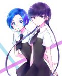  androgynous benitoite_(houseki_no_kuni) blue_eyes blue_hair colored_eyelashes crystal_hair gem_uniform_(houseki_no_kuni) highres houseki_no_kuni long_hair looking_at_viewer low_twintails multiple_others necktie nekotamago neptunite_(houseki_no_kuni) purple_eyes purple_hair short_hair twintails 