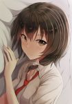  :3 bangs bed_sheet blush bow brown_eyes brown_hair closed_mouth collared_shirt commentary_request eyebrows_visible_through_hair eyelashes fumei_(mugendai) hair_between_eyes hair_bow hair_over_shoulder long_hair lying necktie on_side pillow red_neckwear shirt short_sleeves smile solo touhou upper_body usami_renko white_bow wing_collar 