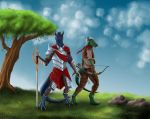 2018 anthro arrow barefoot blue_eyes bow clothed clothing day detailed_background digital_media_(artwork) dragon duo grass green_eyes holding_object holding_weapon male melee_weapon outside samchase sky stanidng sword weapon 