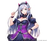  [saw] breasts cleavage closed_mouth corset destiny_of_crown dress hairband highres horns large_breasts long_hair looking_at_viewer pointy_ears puffy_short_sleeves puffy_sleeves short_sleeves silver_hair solo watermark white_background wrist_cuffs 