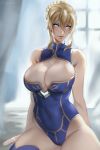  absurdres artoria_pendragon_(all) artoria_pendragon_(lancer) bare_shoulders blonde_hair blue_eyes blue_legwear blue_leotard braid breasts bursting_breasts cleavage cleavage_cutout commentary english_commentary fate/grand_order fate_(series) french_braid highres huge_breasts leotard looking_at_viewer ragecndy short_hair sidelocks sitting solo thick_thighs thighhighs thighs 