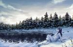  2018 anthro black_nose breasts canine chest_tuft day detailed_background digital_media_(artwork) female fur hair leaning leaning_back lukiri mammal nude outside purple_hair sitting sky smile snow tree tuft water white_fur wolf 