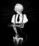  absurdres androgynous closed_eyes gem gem_uniform_(houseki_no_kuni) ghost_quartz_(houseki_no_kuni) greyscale hair_over_one_eye highres houseki_no_kuni long_eyelashes monochrome necktie salty_en short_hair_with_long_locks solo suspenders transparent white_background 