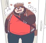  &lt;3 2018 anthro belly blush brown_fur canine clothing drooling fur humanoid_hands male mammal natamaru_a overweight overweight_male pants phone saliva shirt solo tanuki 