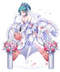  bangs bare_shoulders blue_hair blush bouquet bow box_(hotpppink) breasts bridal_veil choker cleavage detached_sleeves dress earrings floral_print flower frilled_dress frills gem gun hair_bow hair_ornament handgun high_heels holding holding_bouquet holding_weapon jewelry lily_(flower) long_sleeves looking_at_viewer necklace original pearl pendant petals pink_flower pink_rose pistol ponytail purple_eyes red_flower red_rose ribbon rose shoes sig_sauer sig_sauer_p229 signature simple_background solo standing standing_on_one_leg striped striped_bow striped_ribbon thighhighs veil weapon wedding wedding_dress white_background white_footwear white_legwear 