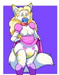  2018 anthro arctic_fox areola big_breasts blonde_hair blush breasts canine clothed clothing clothing_lift collar diaper digital_media_(artwork) dress dress_lift embarrassed english_text exposed_breasts eyebrows female flashing fox hair leggings legwear long_hair mammal myoti nipples pacifier partially_clothed simple_background solo standing text valesti wet_diaper 