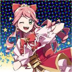  ;d bow dress earrings gloves green_eyes hair_bow heart heart_hands hoshifuri_sosogu hoshiiro_girldrop idol jewelry looking_back multicolored multicolored_background one_eye_closed open_mouth pink_gloves pink_hair puffy_short_sleeves puffy_sleeves red_bow ringlets short_sleeves smile star star_earrings yoko.u 