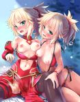  bikini blonde_hair blush braid breasts commentary_request detached_collar detached_sleeves dual_persona fate/grand_order fate_(series) french_braid front-tie_bikini front-tie_top green_eyes hair_ornament hair_scrunchie highres medium_breasts mordred_(fate) mordred_(fate)_(all) mordred_(swimsuit_rider)_(fate) mozu_(peth) multiple_girls navel nipples ponytail pussy_juice red_bikini red_scrunchie scrunchie side-tie_bikini sweat swimsuit 