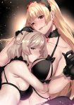  bikini black_bikini black_gloves blonde_hair braid breasts commentary deras earrings english_commentary french_braid gloves hug jewelry large_breasts long_hair maid_headdress multiple_girls original red_eyes short_hair swimsuit upper_body 