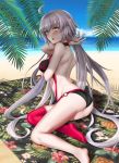  ahoge ass bangs beach beach_towel bikini black_bikini black_choker breasts choker cloud cloudy_sky commentary_request day eyebrows_visible_through_hair fate/grand_order fate_(series) hair_between_eyes highres holding jeanne_d'arc_(alter_swimsuit_berserker) jeanne_d'arc_(fate)_(all) large_breasts long_hair looking_at_viewer o-ring o-ring_bikini o-ring_bottom o-ring_top ocean open_mouth palm_tree red_legwear silver_hair single_thighhigh sky solo swimsuit thighhighs towel tree yellow_eyes zilaishui 