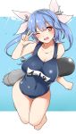  aoi_renji blue_hair commentary_request fang highres i-19_(kantai_collection) kantai_collection name_tag one-piece_swimsuit one_eye_closed red_eyes ribbon school_swimsuit star star-shaped_pupils swimsuit symbol-shaped_pupils torpedo twintails 