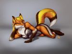  4_toes 5_fingers anthro barefoot blonde_hair breasts brown_nose canine clothed clothing digital_media_(artwork) digitigrade female fox fur hair jackrow lingerie lying mammal on_side orange_fur simple_background smile solo toes white_fur yellow_eyes 