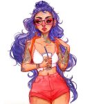  arm_tattoo arms_up blue_hair bracelet bubble_tea commentary crop_top cup drinking_glass drinking_straw english_commentary fish glasses highres holding holding_cup jacquelin_de_leon jewelry long_hair mermaid monster_girl nail_polish navel neck_tattoo nose_piercing original piercing pink_shorts red_nails shirt shorts simple_background solo stomach tattoo white_background white_shirt 