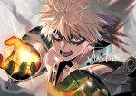  attack bakugou_katsuki blonde_hair boku_no_hero_academia commentary_request fangs gauntlets gloves looking_at_viewer mask open_mouth orange_eyes poligon_(046) red_eyes short_hair solo sparks spiked_hair upper_body 