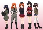  ahoge akiyama_yukari anchovy anchovy_(cosplay) ankle_boots anzio_military_uniform arms_behind_back bangs belt black_belt black_eyes black_footwear black_hair black_hat black_jacket black_legwear black_neckwear black_shirt black_skirt blue_shorts blunt_bangs boots brown_eyes brown_hair brown_jacket closed_mouth commentary cosplay cup cutoffs darjeeling darjeeling_(cosplay) denim denim_shorts dress_shirt emblem epaulettes eyebrows_visible_through_hair flatfield from_side garrison_cap girls_und_panzer gradient gradient_background green_jumpsuit grey_jacket grey_pants hairband hands_in_pockets hands_on_hips hat head_tilt helmet highres holding holding_cup holding_helmet isuzu_hana jacket katyusha katyusha_(cosplay) kay_(girls_und_panzer) kay_(girls_und_panzer)_(cosplay) knee_boots kuromorimine_military_uniform light_frown light_smile long_hair long_sleeves looking_at_viewer messy_hair military military_hat military_uniform miniskirt multiple_girls necktie nishizumi_miho open_mouth orange_eyes orange_hair pants parted_lips pink_background pleated_skirt pravda_military_uniform red_jacket red_shirt red_skirt reizei_mako sam_browne_belt saucer saunders_military_uniform shirt short_hair short_jumpsuit short_shorts shorts skirt smile socks st._gloriana's_military_uniform standing takebe_saori tank_helmet teacup thighhighs uniform white_hairband white_legwear zipper 