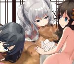  3girls :&gt; aqua_eyes areolae asashio_(kantai_collection) asian bangs black_hair blush braid brown_hair character_request closed_eyes closed_mouth commentary_request curly_hair dark_skin dark_skinned_male eyelashes freckles gloves grey_hair hair_flaps hair_ornament hair_over_shoulder half-closed_eyes hetero highres indoors kantai_collection kashima_(kantai_collection) long_hair looking_at_another manatsu_no_yo_no_inmu multiple_girls nipples nude open_mouth parody realistic remodel_(kantai_collection) shigure_(kantai_collection) single_braid smile white_gloves yamaguchigumi 