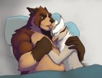  anthro anthro_on_anthro avian beak bed big_muscles bird canine cuddling dog duo hand_holding hi_res licking male male/male mammal muscular muscular_male on_bed open_beak open_mouth owl sabrotiger shammy tongue tongue_out zangusuu 