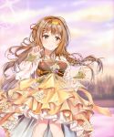  braid breasts brown_eyes brown_hair butterfly_hair_ornament closed_mouth cloud commentary girls_frontline hair_ornament hairclip hanbok hand_up k-2_(girls_frontline) korean_clothes lake layered_skirt long_hair long_sleeves medium_breasts mutang outdoors pleated_skirt see-through single_braid skirt sky smile solo standing sunlight sunset tree very_long_hair water yellow_skirt 