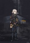  absurdres ammunition commentary_request gas_mask girls_frontline gloves grey_hair gun highres holding holding_gun holding_weapon jacket knee_pads kriss_vector molotov_cocktail shoes shorts solo submachine_gun tom_clancy's_the_division tomahawk vector_(girls_frontline) weapon wushi_weizhi yellow_eyes 
