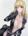  belt blonde_hair blue_eyes bodysuit breasts cleavage collarbone covered_nipples fellatio_gesture heart large_breasts long_hair looking_at_viewer nancy_lee ninja_slayer no_bra one_eye_closed open_clothes pose sexually_suggestive solo walzrj 