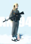  alcohol an-94 an-94_(girls_frontline) assault_rifle blonde_hair blue_eyes bottle character_name commentary_request girls_frontline gopnik gun highres ihobus korean_commentary rifle sandals socks solo standing track_suit vodka weapon 