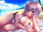  3: beach bikini blanket breasts cleavage cloud collarbone commentary_request covered_nipples day fate/grand_order fate_(series) hair_tucking hand_on_own_cheek highres large_breasts lavender_hair lens_flare mash_kyrielight purple_eyes short_hair side-tie_bikini sky solo swimsuit tdnd-96 wet wet_hair 