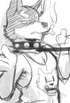  2015 annoyed anthro bone canine cheek_tuft clenched_teeth clothed clothing collar dog doggo eyebrows fur half-closed_eyes leash looking_at_viewer male mammal multicolored_fur saku1saya shirt shrug simple_background sketch smoke smoking solo spiked_collar spikes tank_top teeth thick_eyebrows tuft two_tone_fur undertale unfinished video_games white_background 
