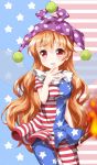  american_flag_background american_flag_dress american_flag_legwear blonde_hair clownpiece fairy_wings finger_to_mouth fire frilled_shirt_collar frills hair_between_eyes hat highres jester_cap long_hair looking_at_viewer pantyhose parted_lips pom_pom_(clothes) red_eyes ruu_(tksymkw) short_sleeves smile solo torch touhou very_long_hair wavy_hair wings 