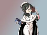  adrian_ferrer beret bespectacled black_hair book cape cosplay cowboy_shot cup dress fubuki_(kantai_collection) glasses gloves gradient gradient_background hat i-8_(kantai_collection) i-8_(kantai_collection)_(cosplay) kantai_collection low_ponytail mug open_mouth smile solo white_dress white_gloves 
