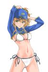  arms_up artoria_pendragon_(all) bikini blonde_hair blue_hat breasts cleavage covered_nipples eyebrows_visible_through_hair fate/grand_order fate_(series) green_eyes hair_between_eyes hair_through_headwear hassystants hat high_ponytail highres long_hair looking_at_viewer medium_breasts mysterious_heroine_xx_(foreigner) navel parted_lips ponytail shiny shiny_skin shrug_(clothing) side-tie_bikini simple_background solo standing swimsuit white_background white_bikini 