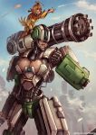  android bastion_(overwatch) blue_sky blush_stickers breasts cleavage cleavage_cutout clenched_hand closed_eyes cloud fire ganymede_(overwatch) gatling_gun genderswap genderswap_(mtf) giantess grin kachima large_breasts lips mecha_musume minigun multiple_girls overwatch personification pointing sky smile watermark web_address 