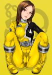  1girl belt bodysuit boots breasts brown_eyes brown_hair eyebrows full_body gloves highres legs looking_at_viewer matching_hair/eyes medium_breasts open_mouth reimon_marika sakuradou shiny shiny_hair simple_background sitting smile solo super_sentai thighs tokusou_sentai_dekaranger white_gloves 