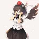  bangs beige_background bespectacled black_hair black_neckwear black_ribbon black_skirt black_wings blush breasts commentary_request cowboy_shot eyebrows_visible_through_hair feathered_wings glasses hands_up hat highres looking_at_viewer medium_breasts neck_ribbon petticoat pom_pom_(clothes) puffy_short_sleeves puffy_sleeves red-framed_eyewear red_eyes ribbon rin_falcon shameimaru_aya shirt short_sleeves simple_background skirt smile solo tassel tokin_hat touhou white_shirt wings 