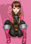  1girl ahim_de_famille belt bodysuit boots breasts brown_eyes brown_hair drill_hair eyebrows full_body gloves highres kaizoku_sentai_gokaiger legs looking_at_viewer matching_hair/eyes medium_breasts parted_lips pink_boots pink_skirt sakuradou shiny shiny_hair simple_background sitting skirt smile solo super_sentai thighs white_gloves 