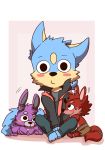  2015 3_toes animatronic anthro barefoot biped black_eyes black_nose blank_stare blue_fur blush bonnie_(fnaf) border canine cheek_tuft clothed clothing cub dog five_nights_at_freddy&#039;s fox foxy_(fnaf) fully_clothed fur group head_tuft hi_res jacket lagomorph larger_male looking_at_another looking_at_viewer lying machine male mammal motion_lines multicolored_fur nude on_front pants pink_background purple_fur rabbit red_fur robot saku1saya seiya_(saku1saya) shirt shorts simple_background sitting size_difference smaller_male smile stare tan_fur toes topless torn_clothing tuft two_tone_fur video_games white_border white_fur wide_eyed young 